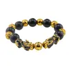Bratara Feng Shui pe elastic cu Pi Yao, monede aurii si onix 12mm