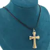 Colier cu pandantiv cruce dubla argintiu cu auriu gravata, 48mm, imagine 3