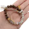 Bratara pe elastic cu Agat Gri rondele, sfere din lemn, charm auriu Wu lou si piatra pi din Agat cu ciucure, imagine 3