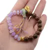Bratara pe elastic cu Agat lila rondele, sfere din lemn, charm auriu Wu lou si piatra pi din Agat verde cu ciucure, imagine 3