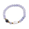 Bratara Agat bleu sfere 6mm, Larvikit 8mm si luna din Sidef 12mm cu bumbi aurii