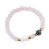 Bratara Cuart roz sfere 6mm, Larvikit 8mm si luna din Sidef 12mm cu bumbi aurii