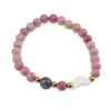 Bratara Rodonit roz sfere 6mm, Larvikit 8mm si luna din Sidef 12mm cu bumbi aurii