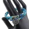 Bratara tripla ajustabila cu pietre semipretioase, Agat albastru sfere 4mm cu charm floare de lotus si zirconiu verde, imagine 2