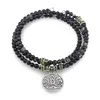 Bratara tripla ajustabila cu pietre semipretioase, Agat negru sfere 4mm cu charm floare de lotus si zirconiu verde