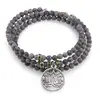 Bratara tripla ajustabila cu pietre semipretioase, Jasp earth sfere 4mm cu charm floare de lotus si zirconiu verde