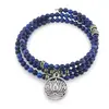 Bratara tripla ajustabila cu pietre semipretioase, Lapis lazuli sfere 4mm cu charm floare de lotus si elemente cu zirconiu verde