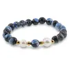 Bratara pe elastic Perle de cultura, bumbi aurii si Agat albastru patat sfere fatetate 8mm, imagine 2