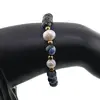 Bratara pe elastic Perle de cultura, bumbi aurii si Agat albastru patat sfere fatetate 8mm, imagine 3