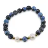 Bratara pe elastic Perle de cultura, bumbi aurii si Agat albastru patat sfere fatetate 8mm