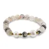 Bratara pe elastic Perle de cultura, bumbi aurii si Agat dragon veins gri sfere 8mm, imagine 2