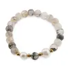 Bratara pe elastic Perle de cultura, bumbi aurii si Agat dragon veins gri sfere 8mm