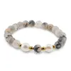 Bratara pe elastic Perle de cultura, bumbi aurii si Agat dragon veins gri sfere mate 8mm, imagine 2