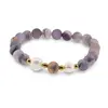 Bratara pe elastic Perle de cultura, bumbi aurii si Agat mov mat sfere 8mm, imagine 2