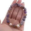 Bratara pe elastic Perle de cultura, bumbi aurii si Agat mov mat sfere 8mm, imagine 4