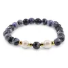 Bratara pe elastic Perle de cultura, bumbi aurii si Agat mov patat sfere fatetate 8mm, imagine 2