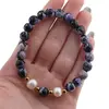 Bratara pe elastic Perle de cultura, bumbi aurii si Agat mov patat sfere fatetate 8mm, imagine 4
