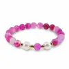 Bratara pe elastic Perle de cultura, bumbi aurii si Agat roz mat sfere 8mm, imagine 2