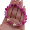 Bratara pe elastic Perle de cultura, bumbi aurii si Agat roz mat sfere 8mm, imagine 4