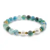 Bratara pe elastic Perle de cultura, bumbi aurii si Agat verde patat sfere fatetate 8mm, imagine 2