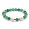 Bratara pe elastic Perle de cultura, bumbi aurii si Agat verde sfere mate 8mm, imagine 2