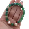 Bratara pe elastic Perle de cultura, bumbi aurii si Agat verde sfere mate 8mm, imagine 4