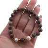 Bratara pe elastic Perle de cultura, bumbi aurii si Jasp policrom sfere 8mm, imagine 4