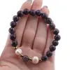 Bratara pe elastic Perle de cultura, bumbi aurii si Jasp sesame mov sfere 8mm, imagine 4