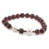 Bratara pe elastic Perle de cultura, bumbi aurii si Jasp sesame rosu sfere 8mm, imagine 2
