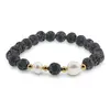 Bratara pe elastic Perle de cultura, bumbi aurii si Roca vulcanica sfere 8mm, imagine 2