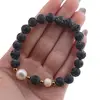Bratara pe elastic Perle de cultura, bumbi aurii si Roca vulcanica sfere 8mm, imagine 4