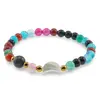 Bratara Mix Agate colorate sfere 6mm, Larvikit 8mm si luna din Sidef 12mm cu bumbi aurii, imagine 2