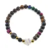 Bratara mix Ochi de tigru colorat sfere 6mm, Larvikit 8mm si steluta din Sidef 10mm cu bumbi aurii