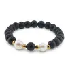 Bratara pe elastic Perle de cultura, bumbi aurii si Agat football negru sfere 8mm, imagine 2