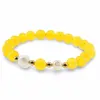 Bratara pe elastic Perle de cultura, bumbi aurii si Agat galben sfere 8mm, imagine 2