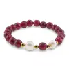 Bratara pe elastic Perle de cultura, bumbi aurii si Agat roz sfere fatetate 8mm, imagine 2