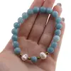 Bratara pe elastic Perle de cultura, bumbi aurii si Angelit sfere 8mm, imagine 4