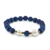 Bratara pe elastic Perle de cultura, bumbi aurii si Cuart druzy electroplacat albastru sfere 8mm, imagine 2