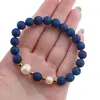 Bratara pe elastic Perle de cultura, bumbi aurii si Cuart druzy electroplacat albastru sfere 8mm, imagine 4
