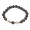Bratara pe elastic Perle de cultura, bumbi aurii si Obsidian fulg de nea maro sfere 8mm