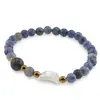 Bratara Sodalit sfere 6mm, Larvikit 8mm si luna din Sidef 12mm cu bumbi aurii, imagine 2