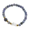 Bratara Sodalit sfere 6mm, Larvikit 8mm si luna din Sidef 12mm cu bumbi aurii