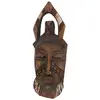 Masca africana vintage din lemn sculptat manual, model cu corn si detalii albe, 24cm