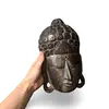 Masca Buddha vintage din lemn sculptat manual, finisaj patinat inchis, 26cm, imagine 3
