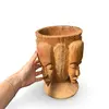 Vas decorativ vintage din lemn sculptat, cu patru fete africane in relief, 28cm, imagine 3