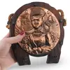 Tablou decorativ vintage din cupru pe suport din lemn, portret femeie cu peisaj marin, 16cm, imagine 3