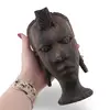 Bust african vintage din lemn sculptat manual, model cu par impletit si cercei, 18cm, imagine 3