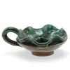 Vas ceramic vintage, model verde cu maner lateral, 13cm