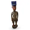 Statueta vintage din lemn sculptat manual, soldat african cu chipiu albastru, 83cm