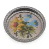 Suport pahar vintage din metal cu broderie florala albastra si galbena, 9cm